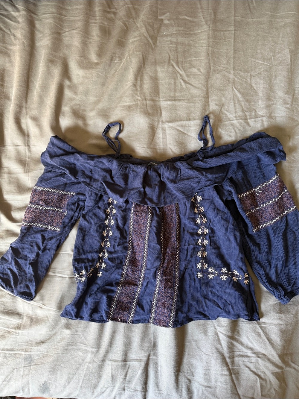 American Eagle Outfitters Navy Off-Shoulder Embroidered Peasant Blouse